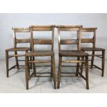 Four vintage elm chapel chairs with prayer book holders