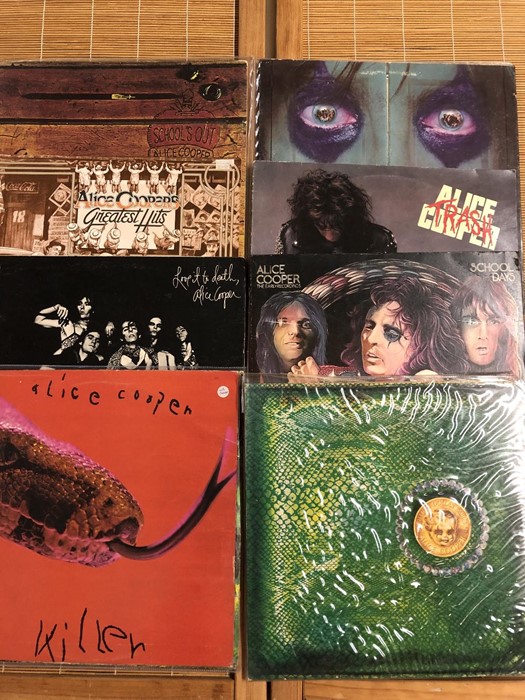 8 Alice Cooper LPs including "School's Out", "Killer" (with calendar), "Love It To Death" and "