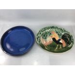 Two modern ceramic platters to include one by Oxney Green with cockerel design, approx 45cm wide