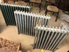 Three Victorian cast iron radiators, two approx 84cm x 78cm tall, one approx 60cm x 78cm tall