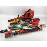 Tri-ang tin plate crane and a selection of die cast vehicles to include tractor, truck, cars