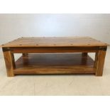 Large mexican style coffee table with metal detailing and shelf under. Approx 134cms x 76cms x 45cms