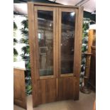 Contemporary walnut cupboard with three glass shelves and cupboards under, approx 99cm x 39cm x