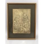Artist proof framed print of a charcoal and pencil drawing of a mother seated with children