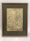 Artist proof framed print of a charcoal and pencil drawing of a mother seated with children