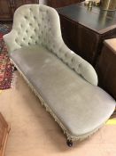 Green upholstered chaise longue, approx 150cm in length