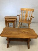 Small collection of pine furniture to include carver chair, nest of three tables and coffee table