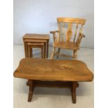 Small collection of pine furniture to include carver chair, nest of three tables and coffee table