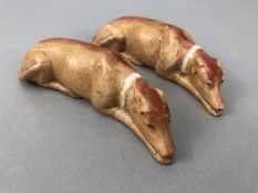 Pair of 19thc English Staffordshire Porcelain Figurine, Recumbent Greyhound Dogs