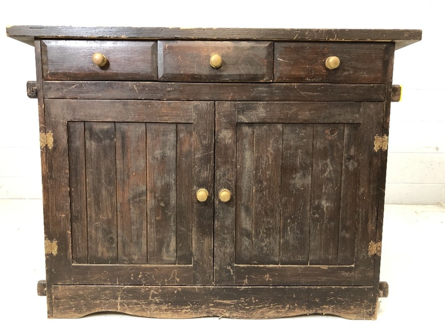 Vintage kitchen cupboard with three drawers and cupboard under with original fittings, approx