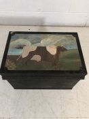 Milner & Son (Liverpool) metal strong box with hand-painted bull design to lid