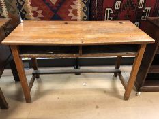 Vintage pine double school desk with compartments under, approx 122cm x 56cm x 76cm tall