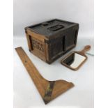 Collection of three vintage wooden items to include egg box, tailor's rule and square and a mirror