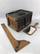 Collection of three vintage wooden items to include egg box, tailor's rule and square and a mirror