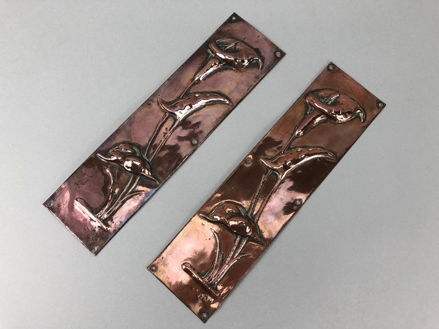 Pair of art nouveau copper finger plates, approx 30cm in height - Image 4 of 5