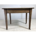 Antique pine small kitchen table on castors, approx 106cm x 59cm x 76cm tall