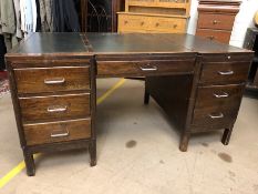 Extra large office desk with green leather top and seven drawers, approx 153cm x 90cm x 76cm tall