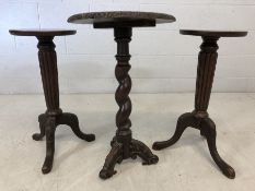 Pair of side tables with fluted legs on tripod feet and a carved wood, barley twist occasional