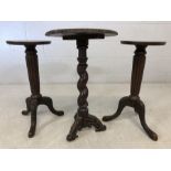 Pair of side tables with fluted legs on tripod feet and a carved wood, barley twist occasional