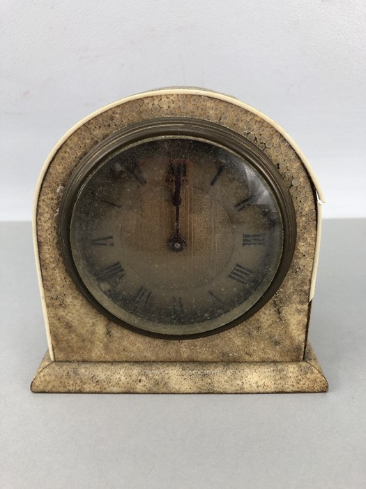 Shagreen mantel clock for Asprey, with key, approx 13.5cm tall (A/F)