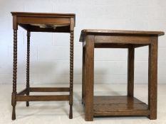 Sewing table with inlaid detailing, bobbin legs and rising top enclosing sewing equipment on pad.