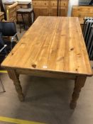 Pine dining table on turned legs, approx 180cm x 90cm