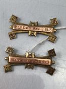 Military interest: Two tone Gold coloured pins inscribed "2nd DEG May 8 1913" & "1st DEG Jan 21