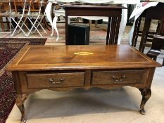 Reproduction coffee table with inlaid detail approx 93cm x 46cm along with a hall/console table with