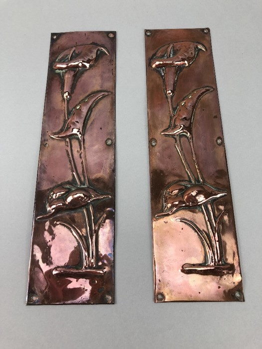Pair of art nouveau copper finger plates, approx 30cm in height