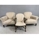 Pair of antique armchairs on original castors, upholstered in striped linen fabric. Approx 85cms