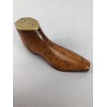 Georgian Fruitwood Snuff box in the shape of a shoe with brass hinged lid and brass horse shoe heel