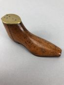 Georgian Fruitwood Snuff box in the shape of a shoe with brass hinged lid and brass horse shoe heel