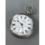 Silver Hallmarked open faced pocket watch marked A.W.W. Co Waltham Mass, hallmarks Birmingham