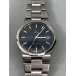 Omega Geneve gentleman's stainless steel wristwatch, the blue dial with silver baton numerals,