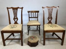 Collection of three bedroom chairs, two with tapestry seats, along with a tapestry-topped sewing