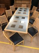 Modern extending glass-topped dining table (approx 245cm x 90cm fully extended) with eight lattice-