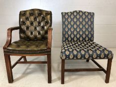 Two occasional chairs, one with blue upholstery, one with button back/seat and stud detailing