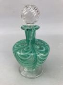 Green and Blue glass scent bottle with twisted design stopper approx 15cm tall