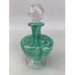 Green and Blue glass scent bottle with twisted design stopper approx 15cm tall