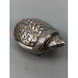 Ornate embossed 900 silver turtle pill box makers mark and T. 900 to base