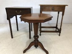 Selection of three occasional tables: one drop leaf, one octagonal with tripod feet, one with barley