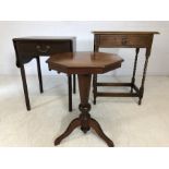 Selection of three occasional tables: one drop leaf, one octagonal with tripod feet, one with barley