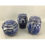 Two Ringtons Cathedral blue and white hexagonal tea caddies / biscuit barrels, one earlier (A/F),