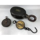 Wooden block and tackle and a set of Salter's Spring Balance vintage scales
