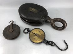 Wooden block and tackle and a set of Salter's Spring Balance vintage scales