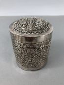 Indian repousse highly decorated pot with Lid approx 9cm tall
