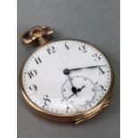 14ct 0.585 Gold open faced pocket watch Arabic numerals and White face (A/F) the inner case marked