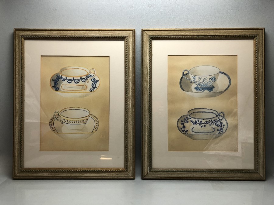 Pair of contemporary framed watercolours of teacups. Approx 45cm x 56cm (including frame)