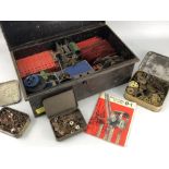 Quantity of vintage MECCANO in metal box and in a variety of vintage tins, along with a Meccanno