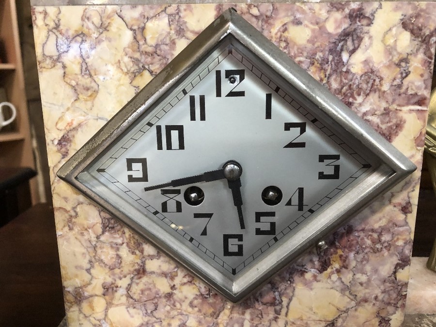 Art Deco clock with diamond shaped face with leaping deer and matching garnitures (A/F) - Image 6 of 9